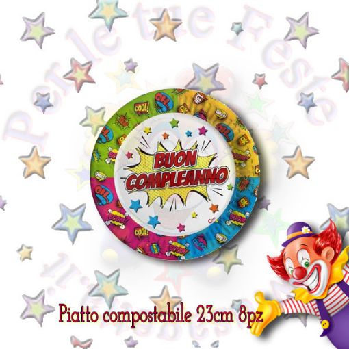 Immagine di Piatti Buon compleanno compostabili Ø 23cm 8pz