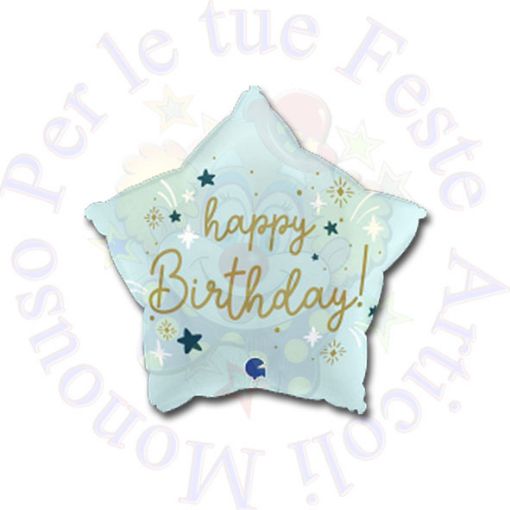 Immagine di Palloncino foil stella celeste Happy Birthday 45cm 1pz